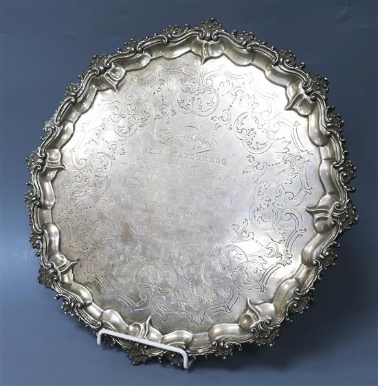 A Victorian engraved silver salver, William Smily, London, 1863, 28.5 oz.